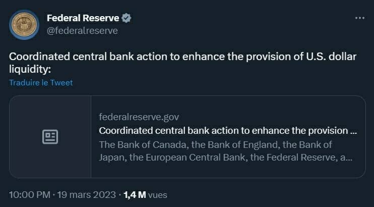 La Fed vient au secours des banques à l'aide des banques centrales de plusieurs pays.