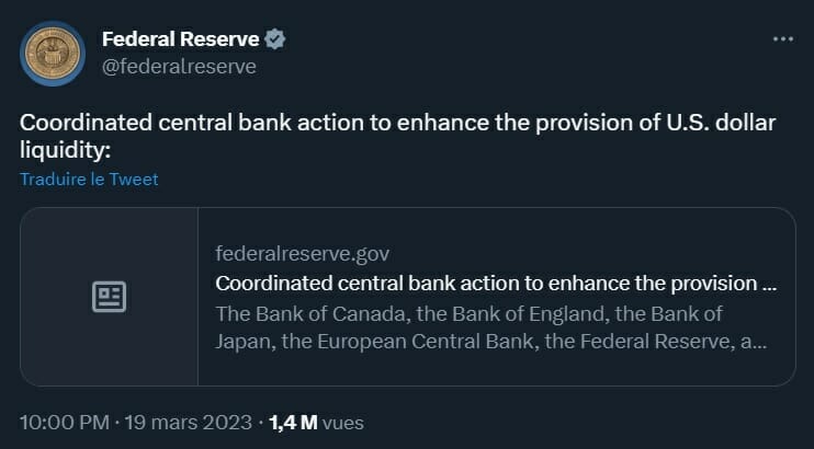 La Fed vient au secours des banques à l'aide des banques centrales de plusieurs pays.