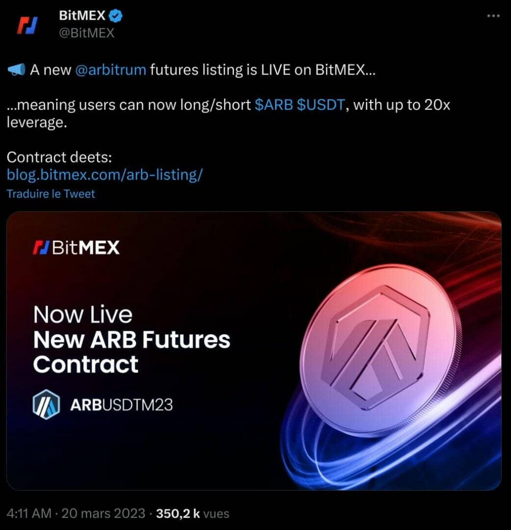 Tweet de BitMEX qui annonce l'ouverture du marché ARB IOU