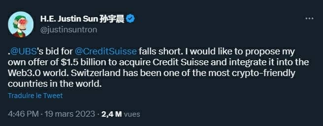 Justin Sun, fondateur de la blockchain Tron et de l'exchange Huobi, propose 1,5 milliard de dollars pour racheter la banque Crédit Suisse.