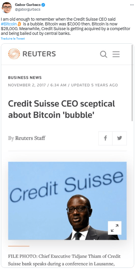 Crédit Suisse aurait mieux fait de voir la poutre dans son œil avant de parler de « Bulle Bitcoin ».