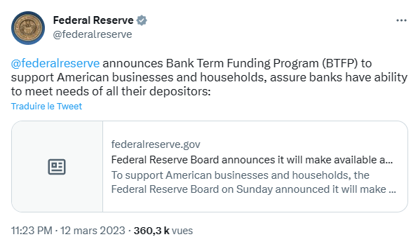 La Réserve fédérale annule son dimanche pour sortir en urgence un programme de financement.