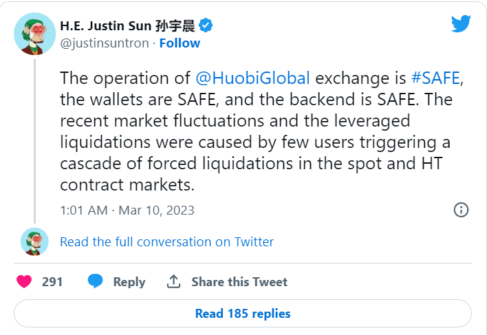 Tweet from Justin Son following the collapse of the Huobi Token