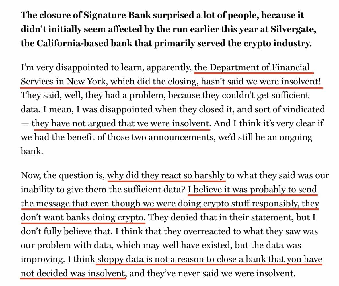 La Signature Bank : fermée « pour l’exemple » et envoyer un message anti-crypto ?