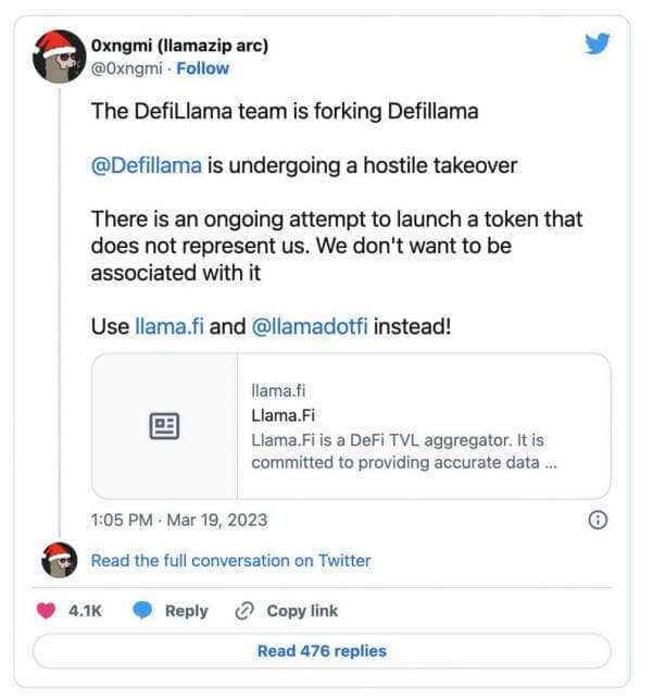 Tweet du développeur 0xngmi considérant comme hostile la décision de lancement du token LLAMA par les fondateurs de DefiLlama.