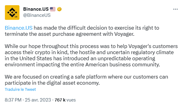 Le climat réglementaire délétère aux États-Unis aura eu raison de l’offre de rachat de Voyager Digital par Binance.