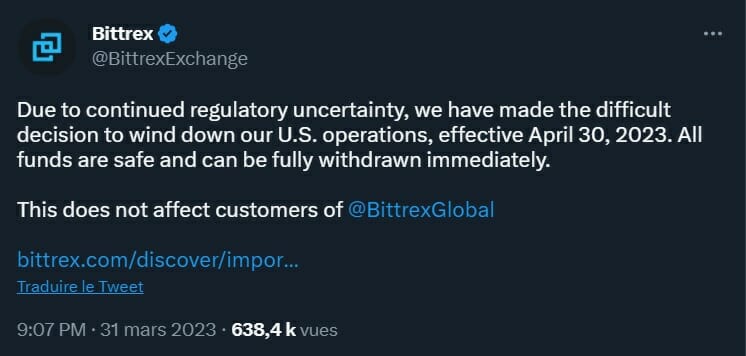Bittrex stoppe son activité aux USA à cause d'une réglementation trop floue et désavantageuses vis-à-vis de la concurrence internationale.