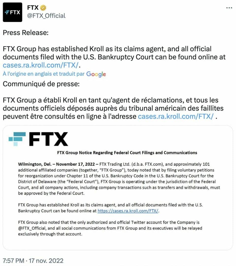 Communication officielle de FTX Group