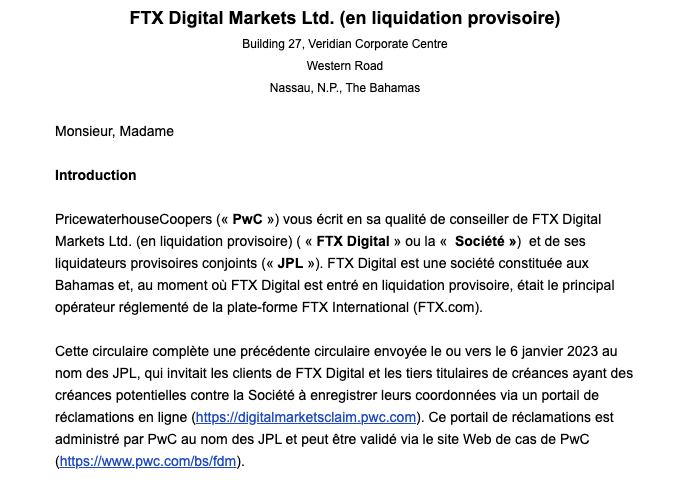 En-tête du mail envoyé par PwC aux clients de FTX Digital Markets