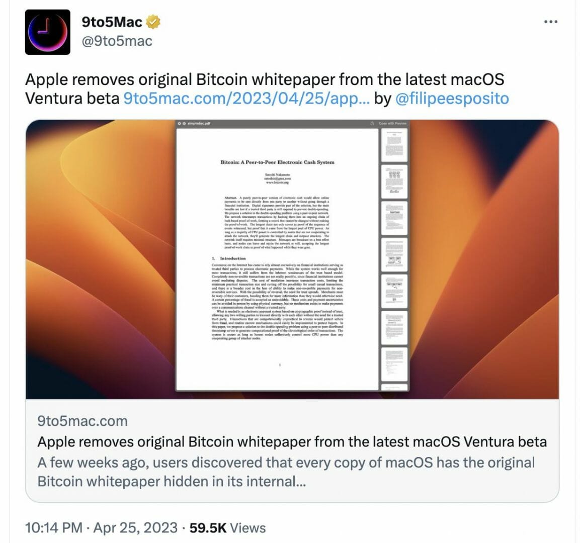 Tweet de 9to5mac annonçant que le livre blanc de Bitcoin a été supprimé 