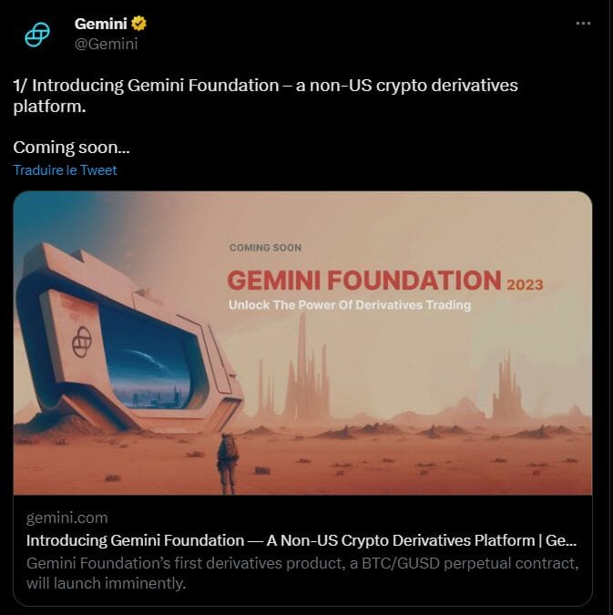 Une nouvelle plateforme crypto va voir le jour mais elle ne sera pas disponible pour les américains. Les jumeaux Winklevoss, créateurs et responsables de Gemini, lancent la Fondation Gemini. 
