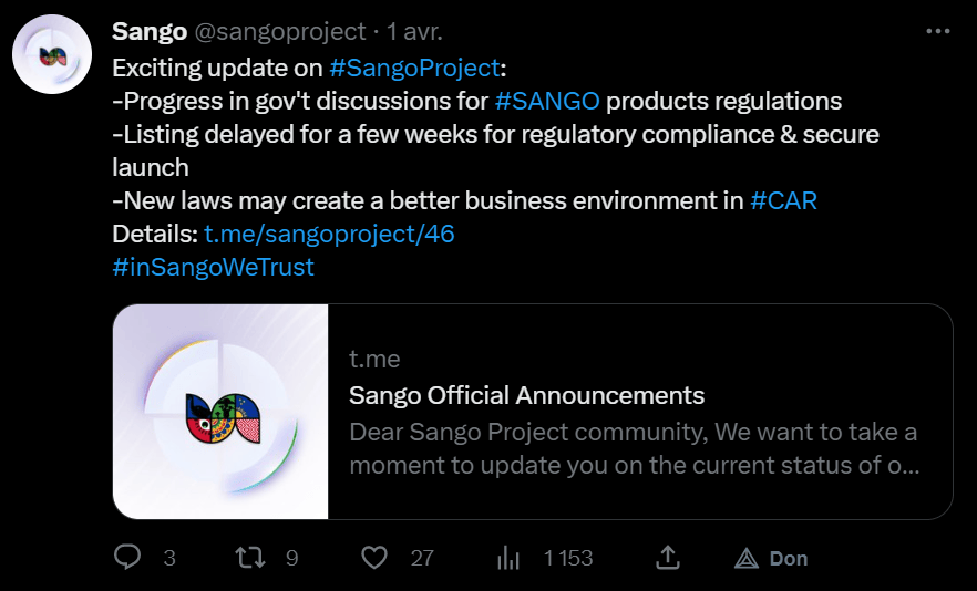 Le lancement du Sango Coin est décalé de quelques semaines. C'est ce que vient d'annoncer l'équipe en charge du projet pour des raisons législatives et pour préparer un cadre règlementaire qui permettra de lister cette nouvelle crypto sur les exchanges.