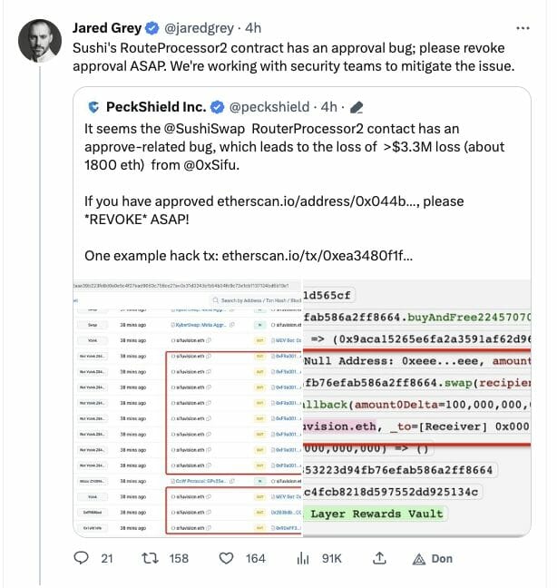 Tweet de Jared Grey annonçant un hack sur Sushiswap
