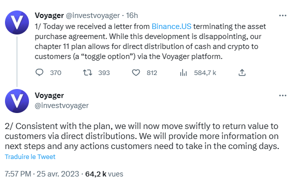 Voyager Digital devra composer dans l'aide de Binance.