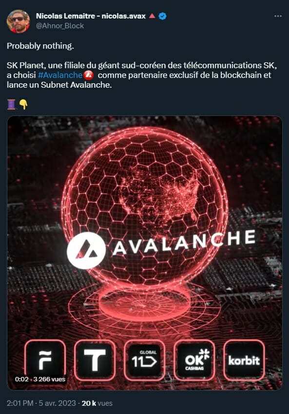 Ava Labs s'allie au leader des télécoms en Corée du Sud, SK Planet, afin qu'il développe ses activités sur la blockchain Avalanche.