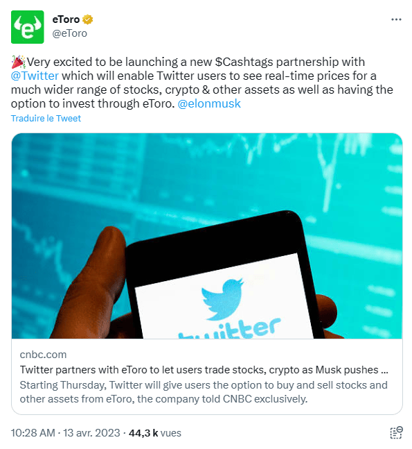 Twitter et eToro transforme le réseau social en plateforme financière.