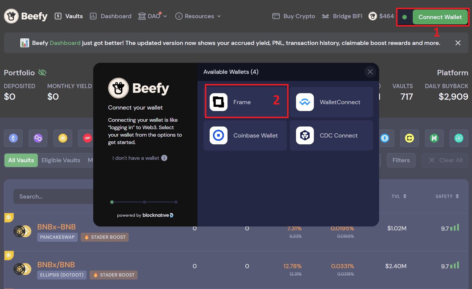 Connexion à la dApp Beefy Finance grâce au portefeuille Frame