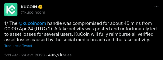 KuCoin annonce avoir été victime d'un hack de son compte Twitter