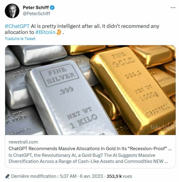 Peter Schiff préfère toujours l’or à Bitcoin, surtout si l’IA ChatGPT va dans son sens.