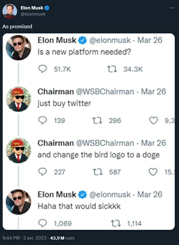 Le rachat de Twitter et la modification de son logo en Doge avait été demandé à Elon Musk des mois en avance par un internaute sur Twitter.
