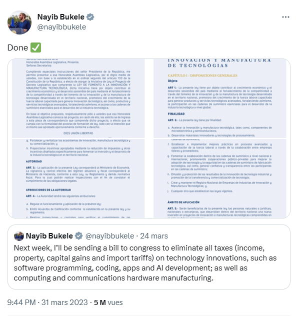 Le président Bukele présente son texte de suppression des taxes à l’innovation au Congrès du Salvador.