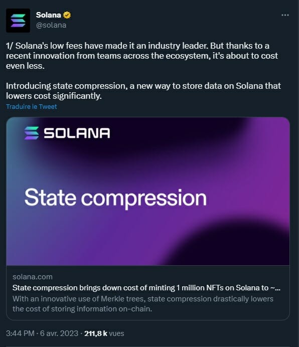 Solana innove avec son processus de state compression, une réduction drastique des frais de blockchain.