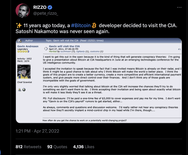 Tweet de Rizzo à propos de la disparition mystérieuse de Satoshi Nakamoto
