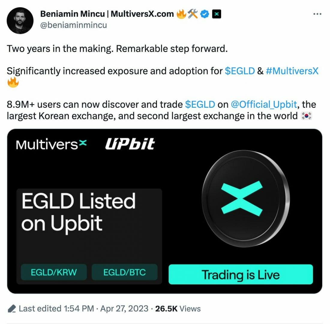 Le CEO de Multivers X, Beniamin Mincu annonce le listing de Egld sur Upbit.