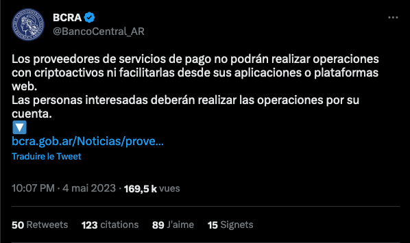 La banque centrale d'Argentine interdit les cryptomonnaies aux prestataires de services financiers