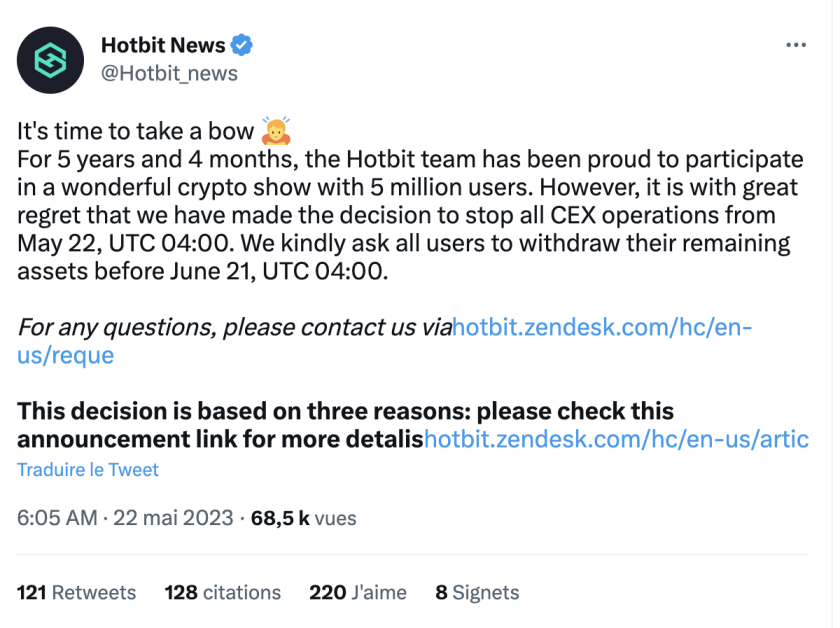 Hotbit annonce la fermeture de ses services sur son compte Twitter