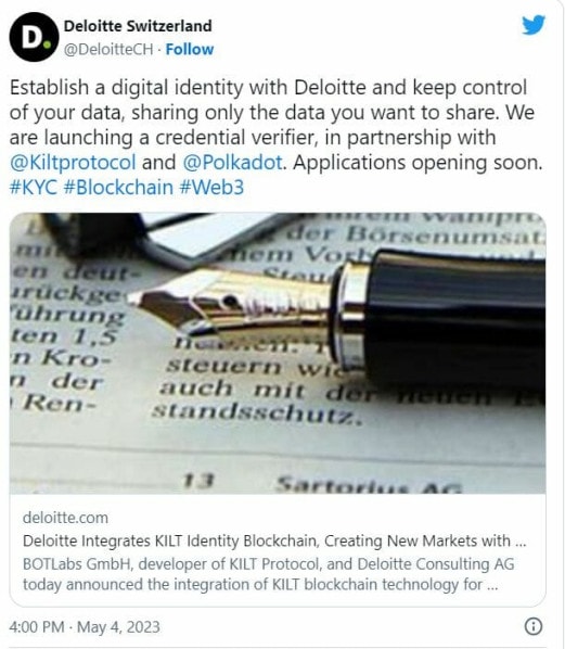 Deloitte, l'un des plus grand cabinet d'audit du monde, vient d'annoncer un partenariat avec la blockchain KILT pour simplifier l'identification en ligne pour ses nombreux services. Pour rappel, KILT est une parachain de Polkadot. 
