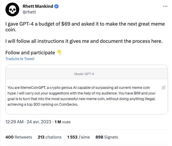 Tweet de la première question que Rhett Manking a posé à Chat GPT 