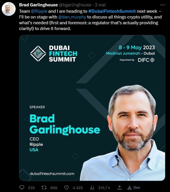 Le CEO de Ripple, Brad Garlinghouse, a déclaré lors du Dubaï Fintech Summit que la régulation américaine du secteur des cryptos était responsable d'un retard de son pays en la matière. Pire, la procès intenté par la SEC à son entreprise va probablement lui coûter au total la bagatelle de 200 millions de dollars !