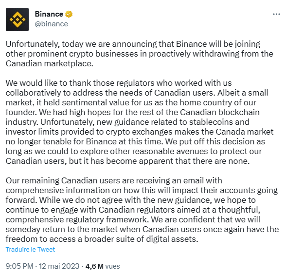 Binance doit fuir le Canada à cause des réglementations des régulateurs de l’AVCM.
