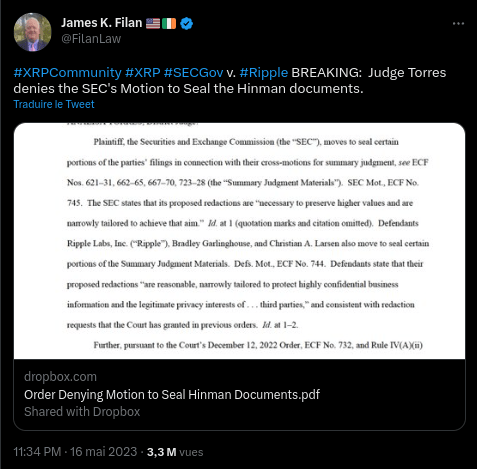 Tweet qui annonce une victoire de Ripple face à la SEC