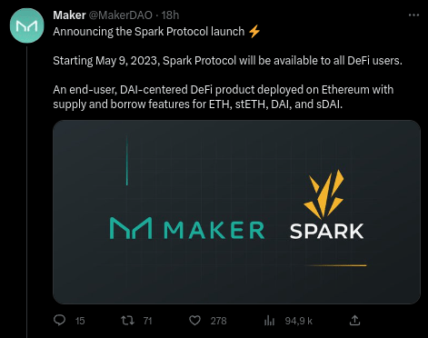 Tweet de MakerDAO qui dévoile le protocole Spark