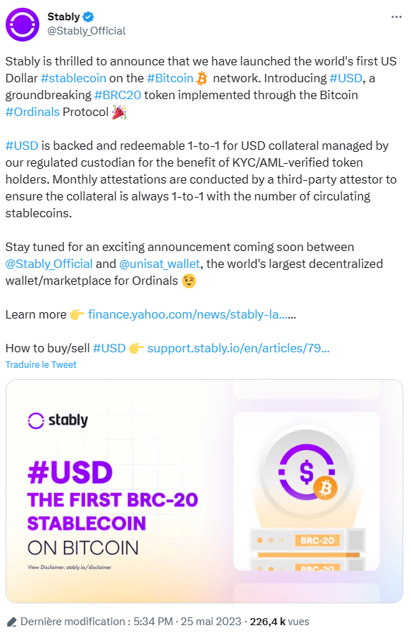 Via Ordinals, Bitcoin voit un premier stablecoin BRC20.
