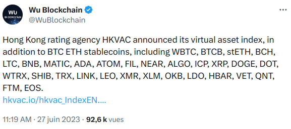 Tweet de Wu Blockchain qui dévoile l'indice crypto de HKVAC