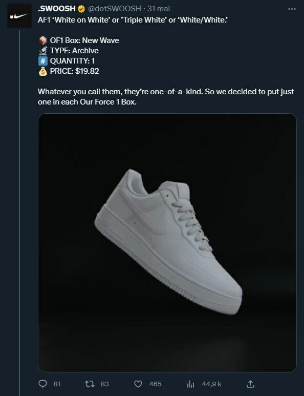 Nike a sorti mi-mai sa dernière collection NFT, Our Force 1. Une collection de Sneakers qui pourrait peut-être intégrer les jeux blockchain.