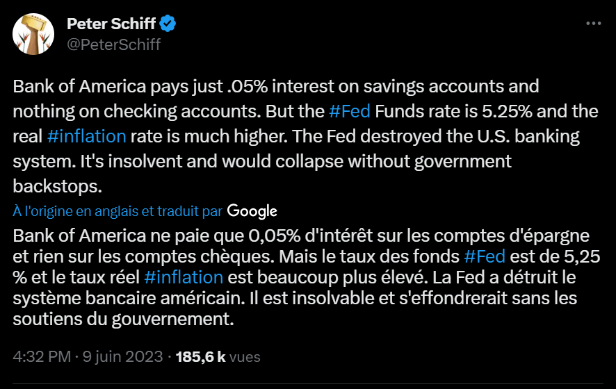 Peter Schiff n'est pas d'accord avec la politique économique de son pays et le répète à qui veut bien l'entendre ! Pour lui, la FED mène le pays à la ruine et sans l'intervention du gouvernement, le système bancaire pourrait même carrément s'effondrer.