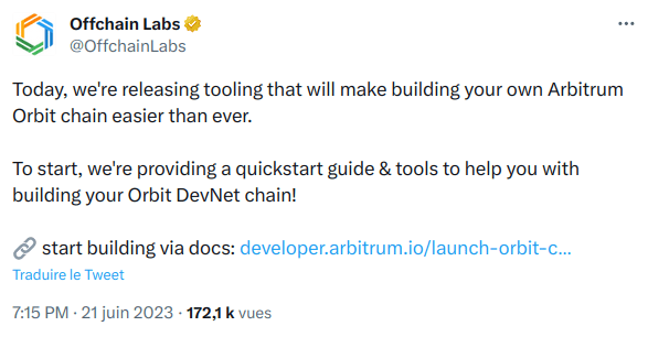 Tweet d'Offchain Labs qui annonce des outils pour Arbitrum Orbit