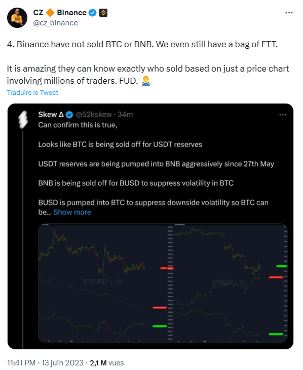 Changpeng « CZ » Zhao défend Binance contre la rumeur de vente de bitcoins.