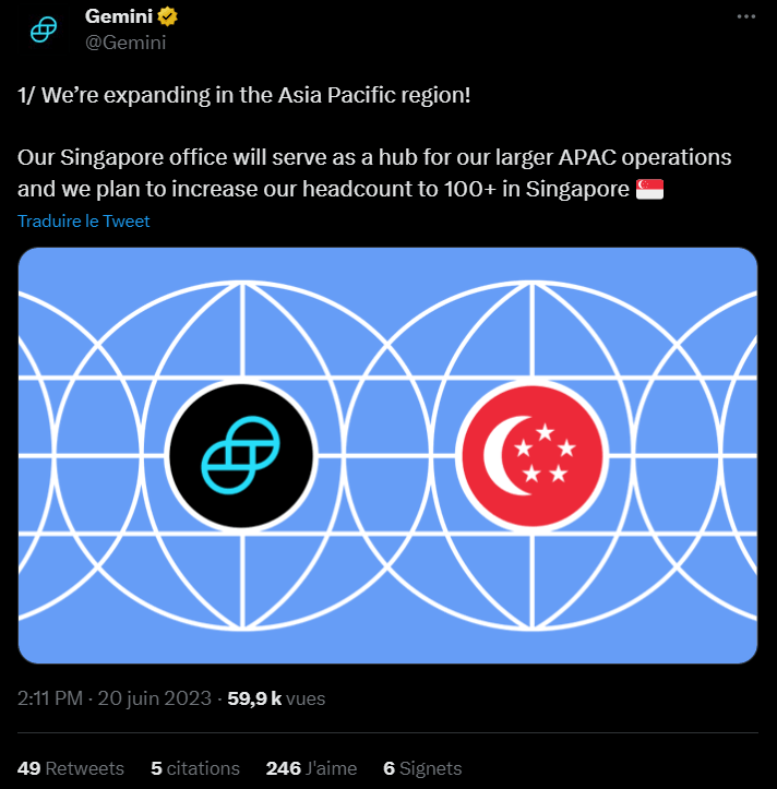 L'exchange des frères Winklevoss a non seulement décidé de partir des Etats-Unis mais en plus, il souhaite conquérir l'Asie et le Pacifique. Pour Gemini, c'est là que se jouera une grande partie du prochain bull run et ils veulent y être !