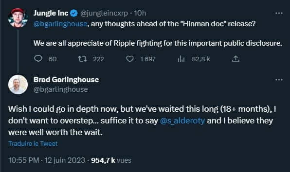 Le CEO de Ripple annonce sur Twitter que les documents devant être révélés aujourd'hui sont d'une importance capitale pour le procès de la SEC contre XRP.