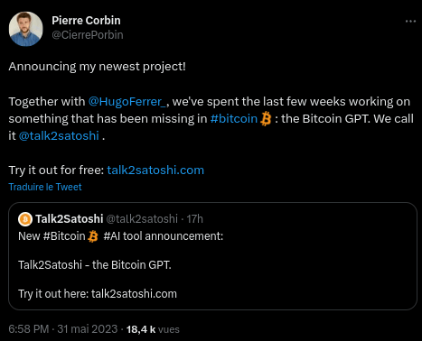 Tweet de Pierre Corbin qui annonce le lancement de Talk2Satoshi