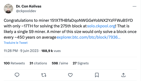 Tweet d'annonce du minage solo de bitcoins