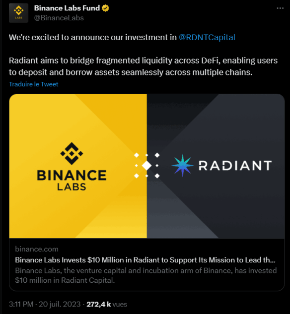 Binance Labs investit massivement dans la DeFi et met 10 millions de dollars sur la table pour développer les services du protocole Radiant Capital.