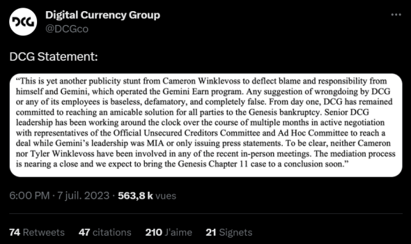 Les porte-paroles de DCG n'ont bien entendu pas la même version des événements que Cameron Winklevoss et en attendant que la justice passe, ils publient également un message sur les réseaux sociaux pour donner une part de leur vérité. 