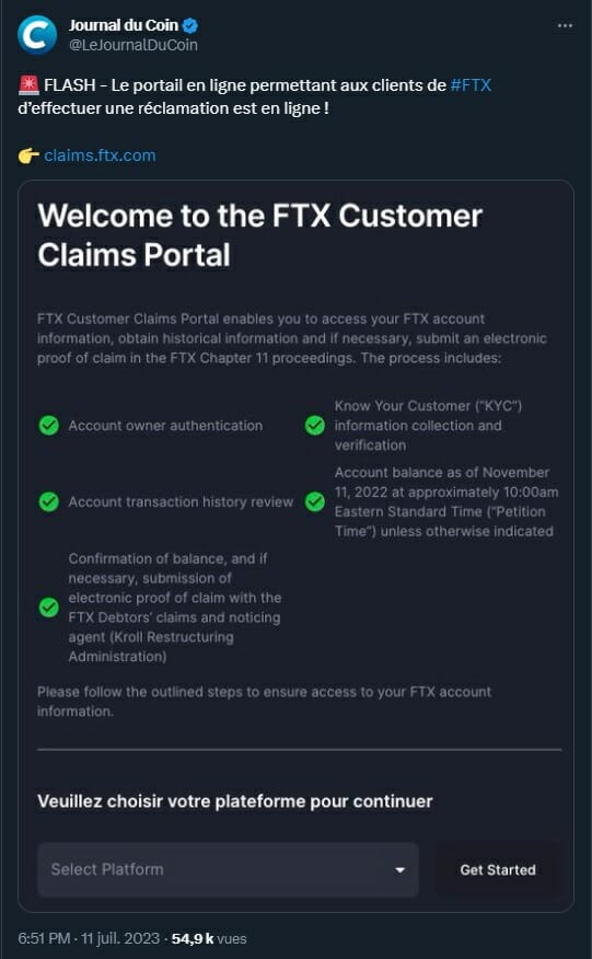 Un formulaire est disponible pour les clients dont les fonds sont bloqués sur FTX.