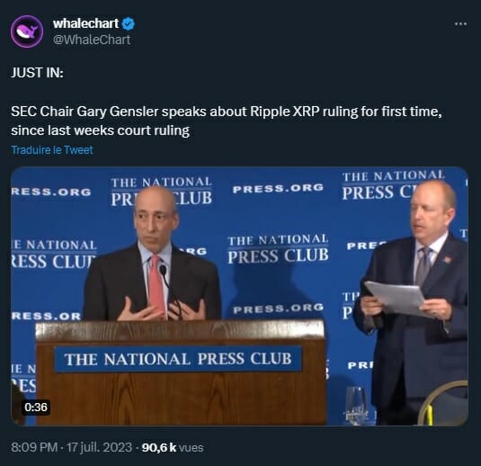 Gary Gensler, patron de la SEC, s'exprime enfin concernant la décision de justice rendu à propos du token XRP de Ripple.
